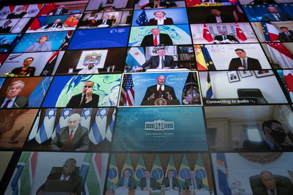 Screens showing participants of the Major Economies Forum on Energy and Climate video conference, April 23, 2021.