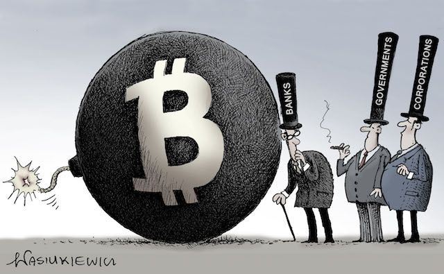 A cartoon showing a Bitcoin “bomb” inspected by banks, governments, and corporations