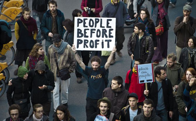 Protestors demonstrate against corrupt banking practices in Brussels, Belgium