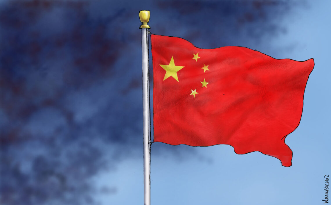 Chinese flag with dark clouds. Cartoon by GIS