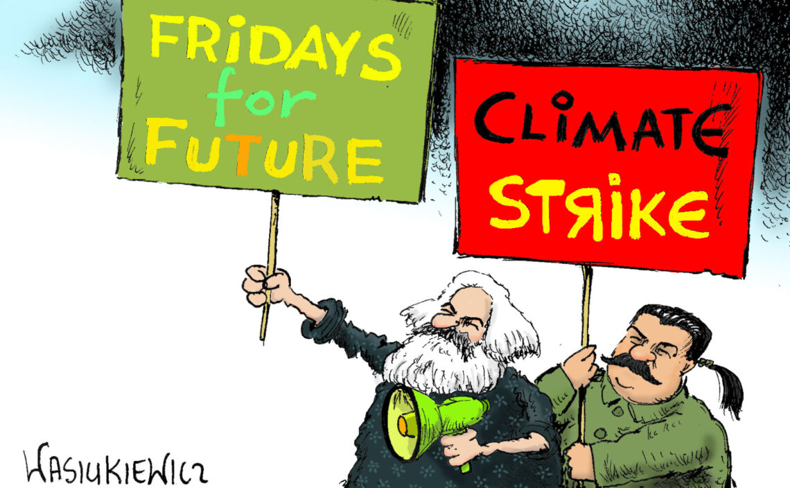 Cartoon depicting Stalin and Marx at a climate rally