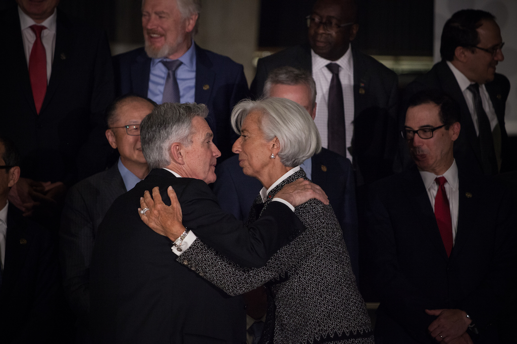 Christine Lagarde and Jerome Powell greeting each other during a meeting of finance ministers and central bankers at the G20 summit in Buenos Aires in July 2018.