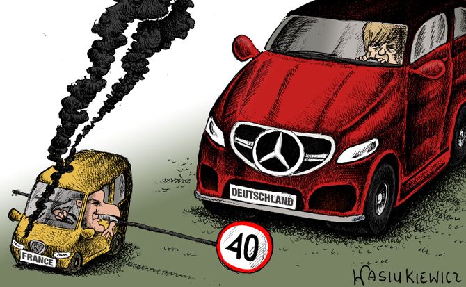 A drawing that shows France’s Emmanuel Macron and Germany’s Angela Merkel driving cars