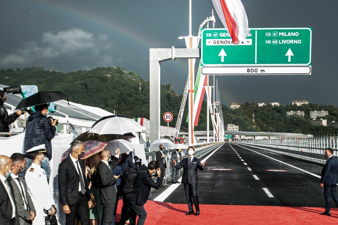 Italian Prime Minister Giuseppe Conte celebrates the opening of a new bridge