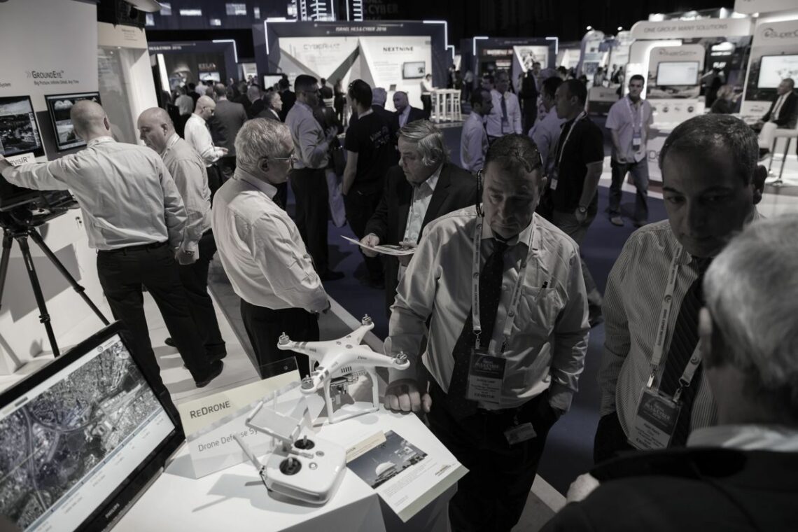 Exhibitors at a homeland security and cyberwarfare exhibition in Tel Aviv, Israel armed forces