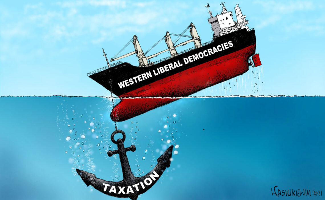 Cartoon of a sinking ship labelled western democracies, laden down with an anchor that says taxation