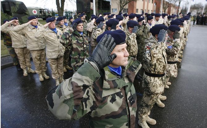 Troops attached to the EU’s Eurocorps prepare to leave for a mission to Afghanistan