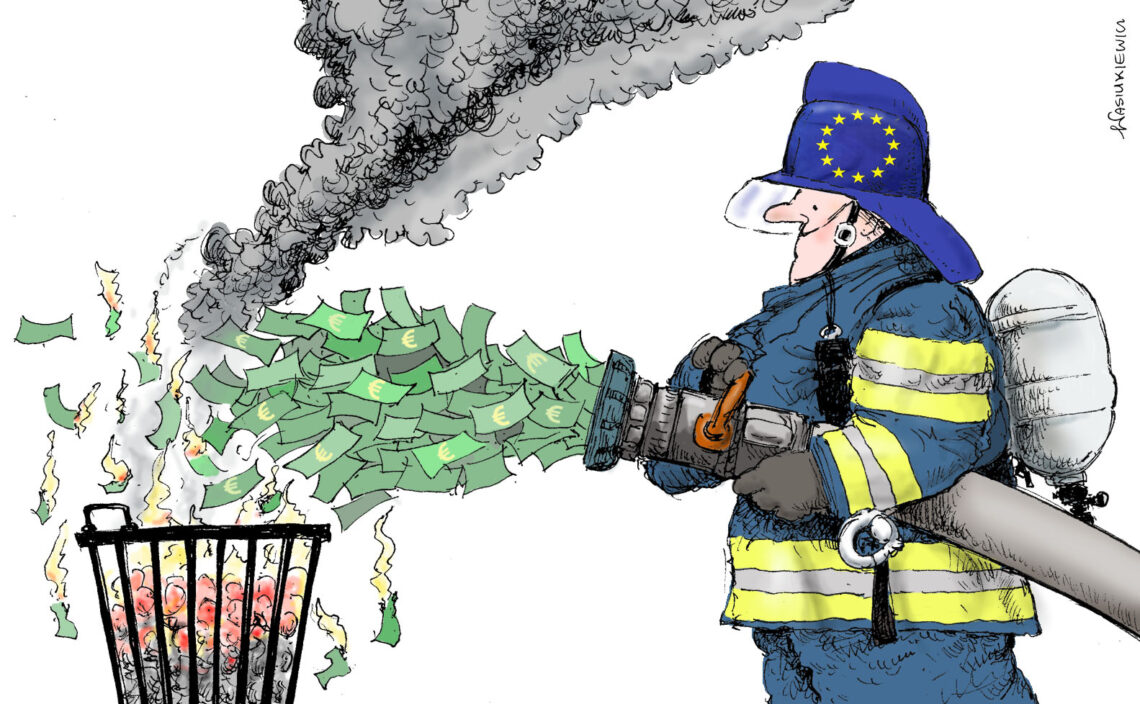 Cartoon of a fireman putting out a fire with euros