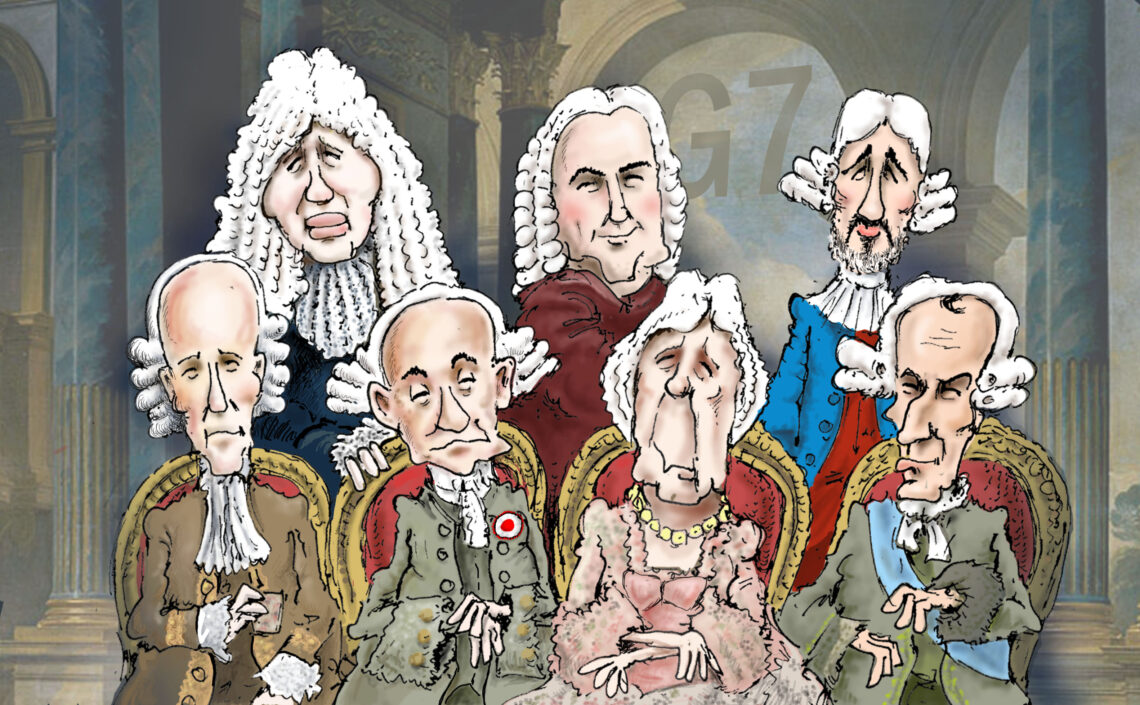 Cartoon of G7 leaders in 17th-century wigs