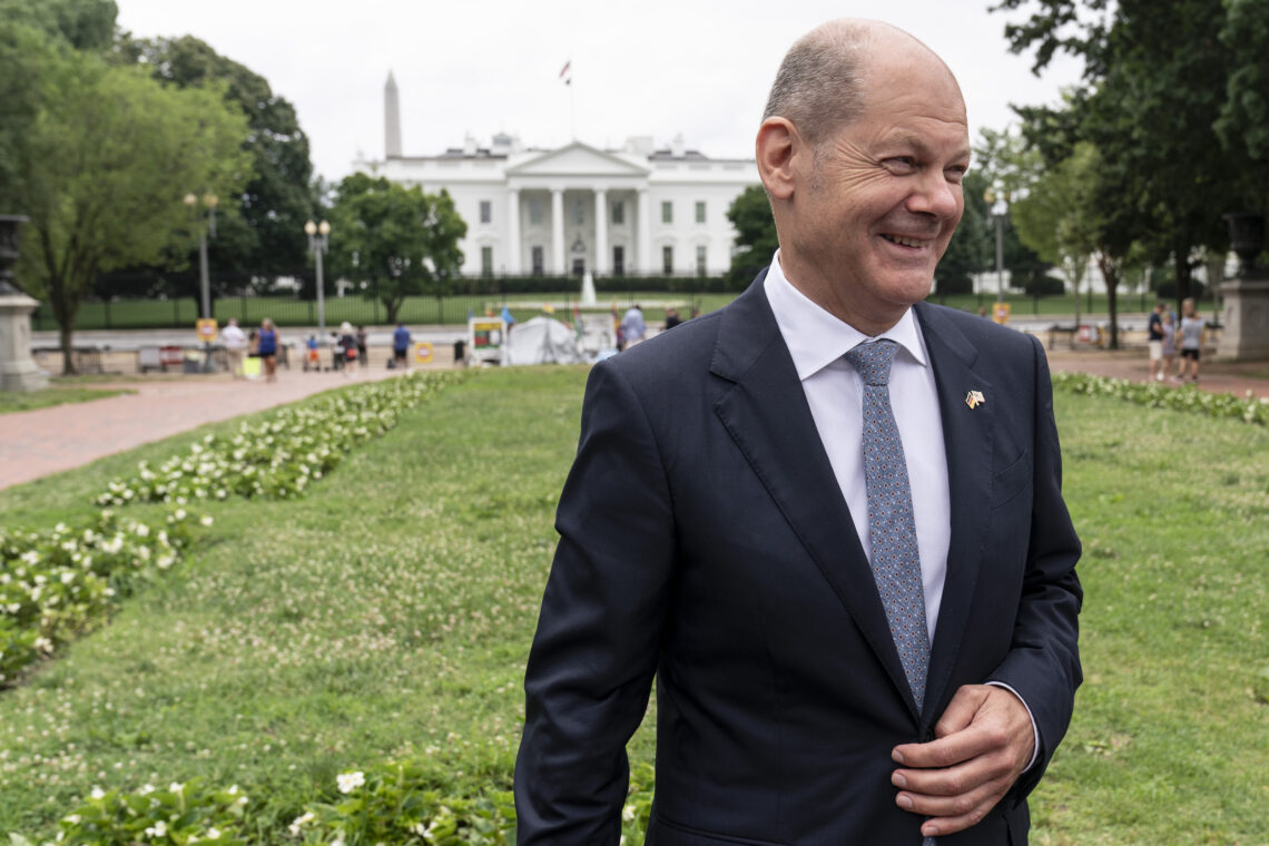 German Finance Minister Olaf Scholz speaks to reporters outside the White House on July 2, 2021