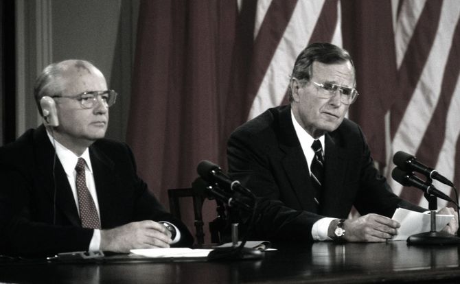June 3, 1990: Soviet President Mikhail Gorbachev and U.S. President George H.W. Bush hold a press conference at the White House