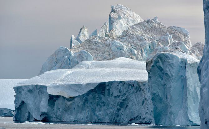 Icebergs floating near the town of Ilulissat on the west coast of Greenland.