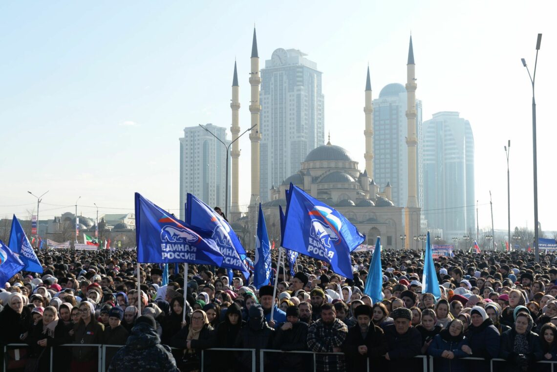 A political rally in Grozny, February 2018, with supporters of Vladimir Putin’s United Russia party