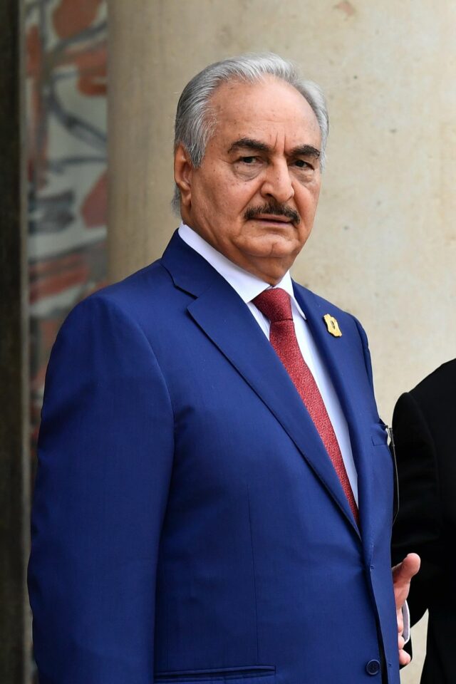 Libyan National Army commander Khalifa Haftar at 2018 peace talks in Paris, France