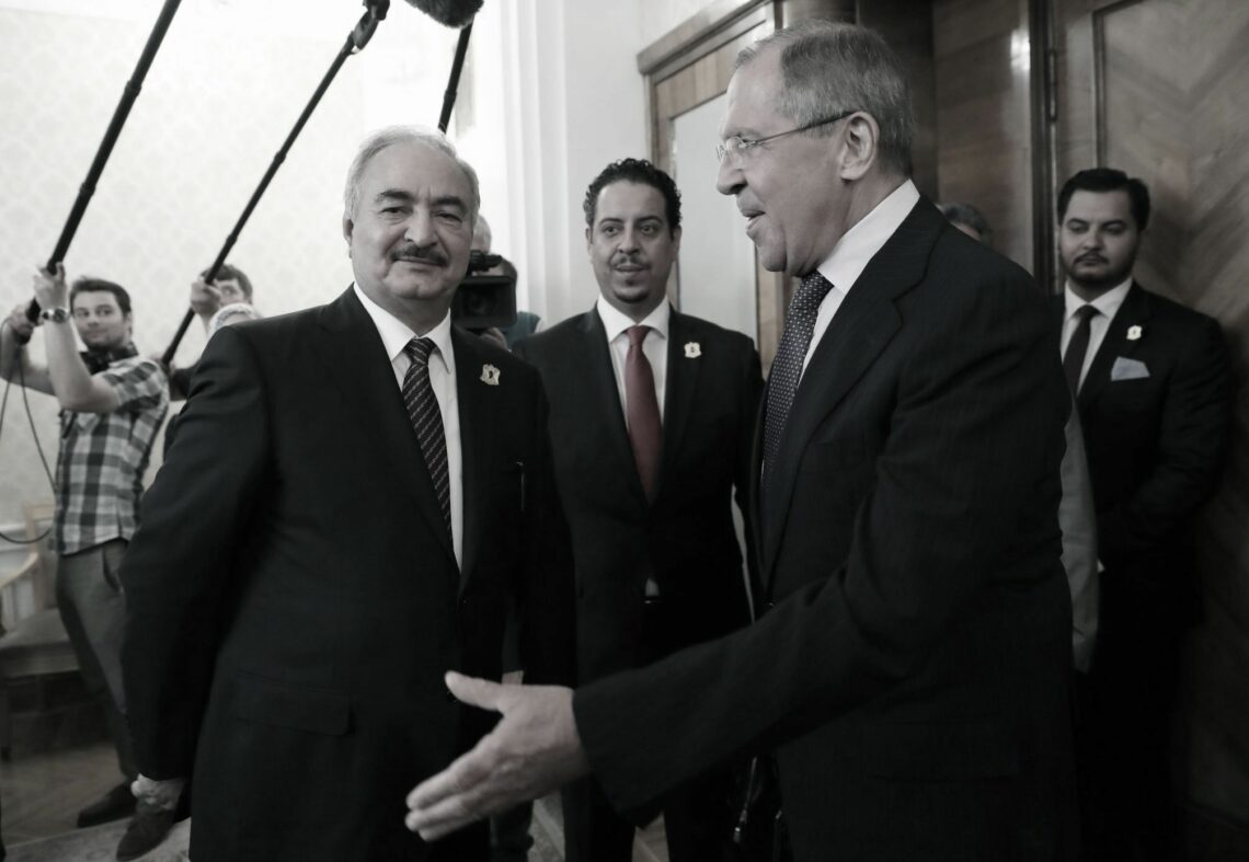 General Khalifa Haftar meets Russian Foreign Minister Sergei Lavrov in Moscow in August 2017