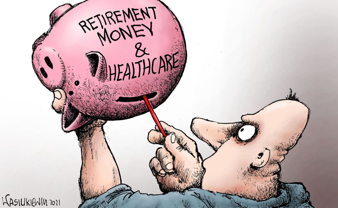 Cartoon with empty "Healthcare" piggybank