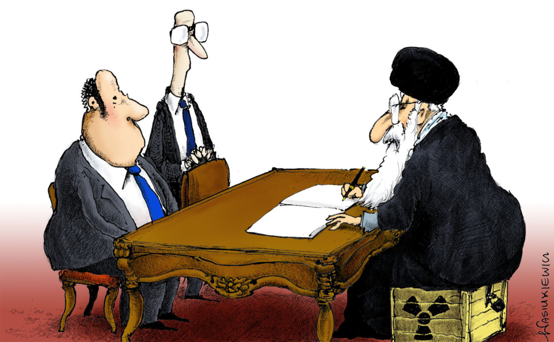 Cartoon of an ayatollah signing an agreement while sitting on a nuclear crate