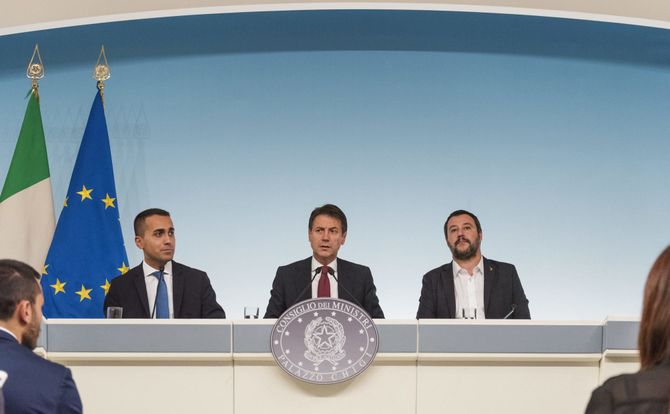 Italian Deputy Prime Minister and Minister of Economic Development Luigi Di Maio, Prime Minister, Giuseppe Conte, and Deputy Prime Minister and Interior Minister Matteo Salvini, hold a press conference in Rome on the country’s draft budget