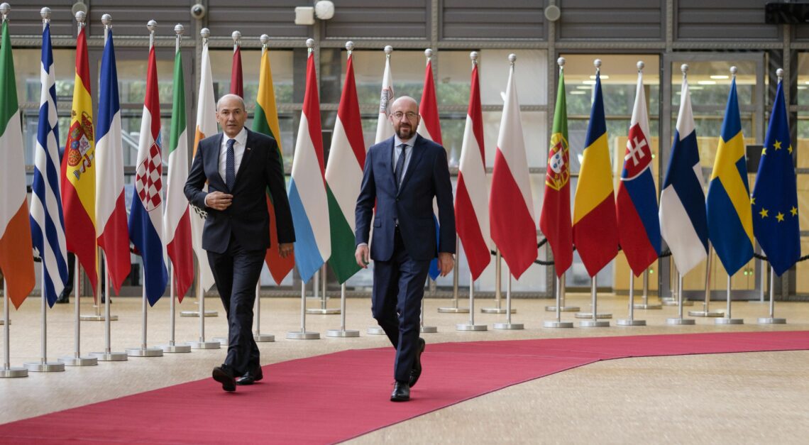 Slovenian Prime Minister Janez Jansa meets with EU Council President Charles Michel in July 2020