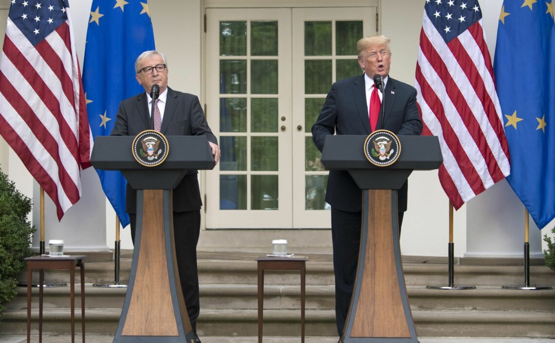 U.S. President Donald Trump (R) and President of the European Commission Jean-Claude Juncker make a joint statement on trade in the Rose Garden at the White House in Washington, D.C., July 25, 2018