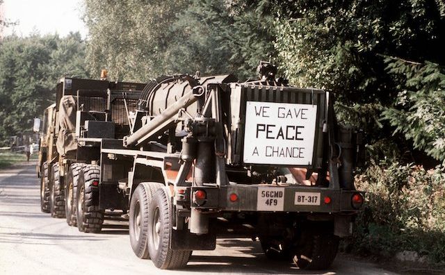 Elements of disassembled American intermediate- and shorter-range nuclear missiles are leaving a U.S. base in Germany, on September 1, 1988