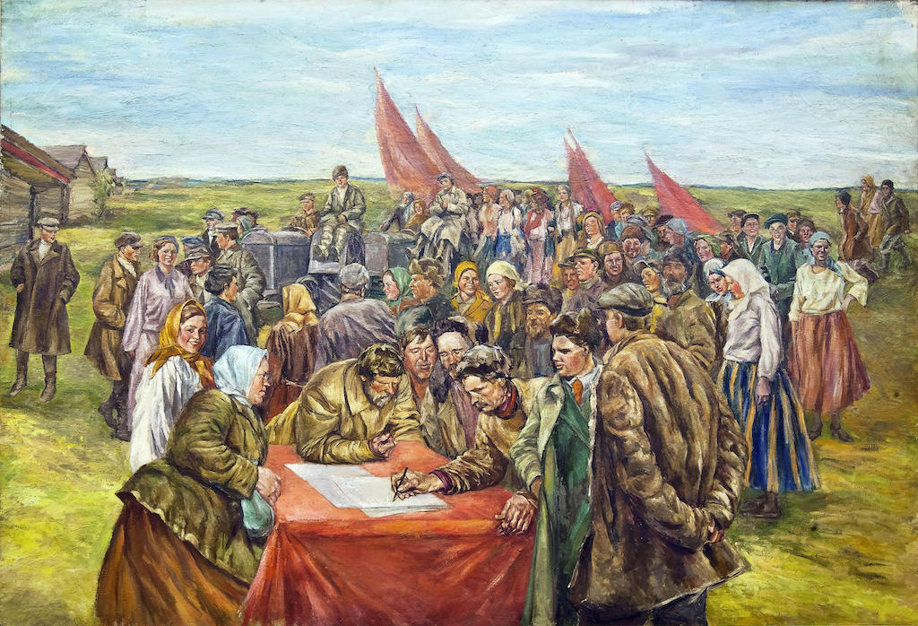 A Russian painting showing Soviet peasants signing up to loan money to their government