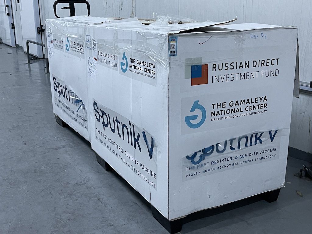 A picture showing two large boxes of Sputnik V vaccine vials delivered to a storage facility of the Health Ministry of Libya in Tripoli
