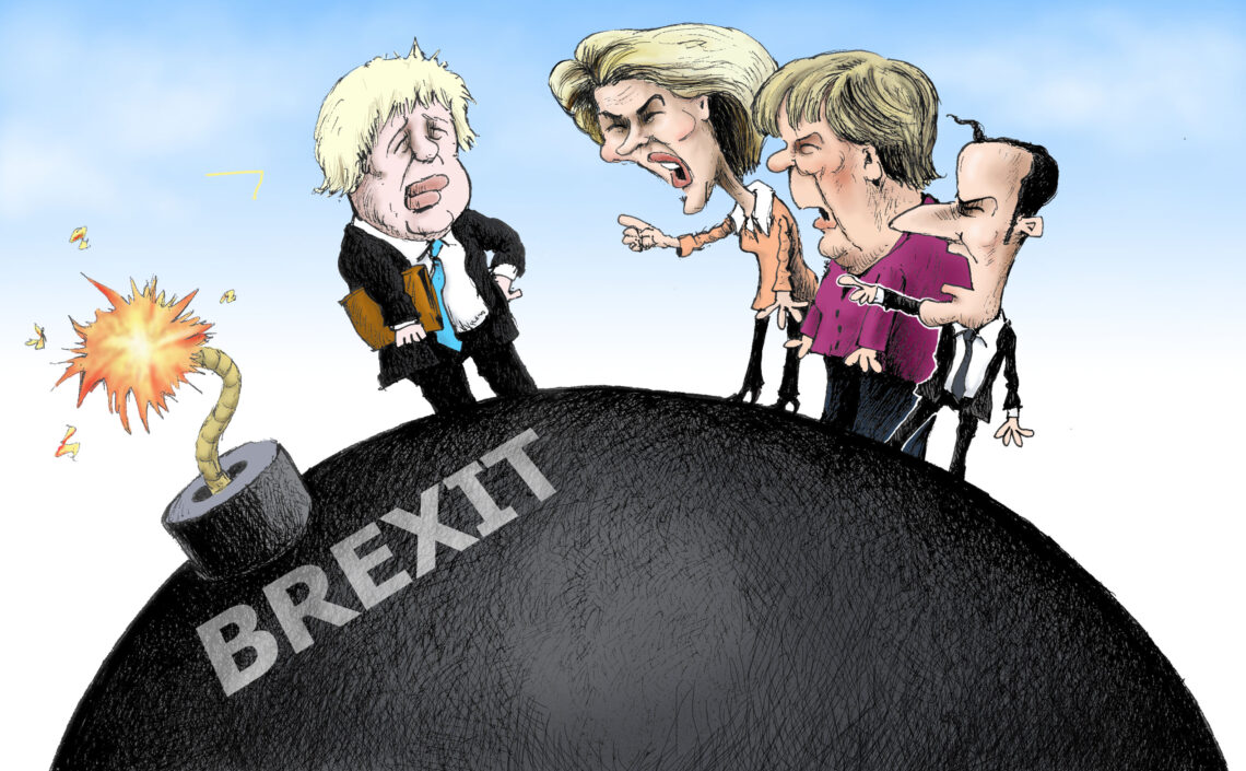 Cartoon showing Boris Johnson and several European leaders