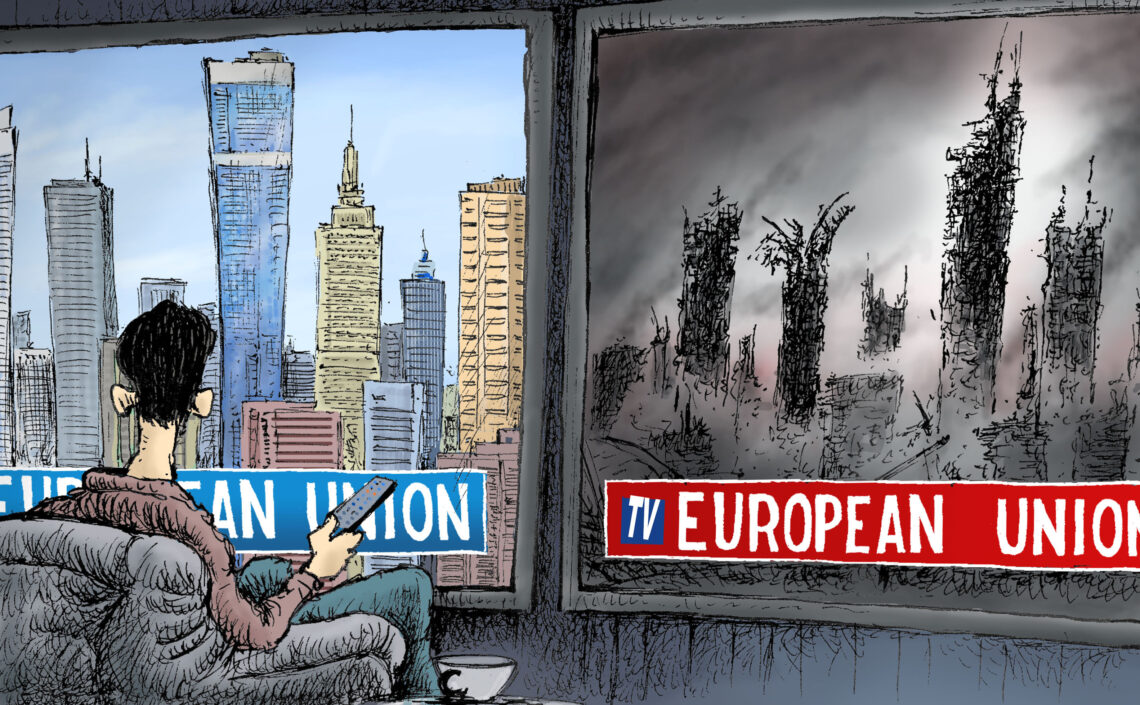A cartoon that shows two opposite narratives on the EU’s future