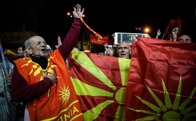 Supporters of the boycott of Macedonia’s September 30 referendum celebrate the low turnout in Skopje