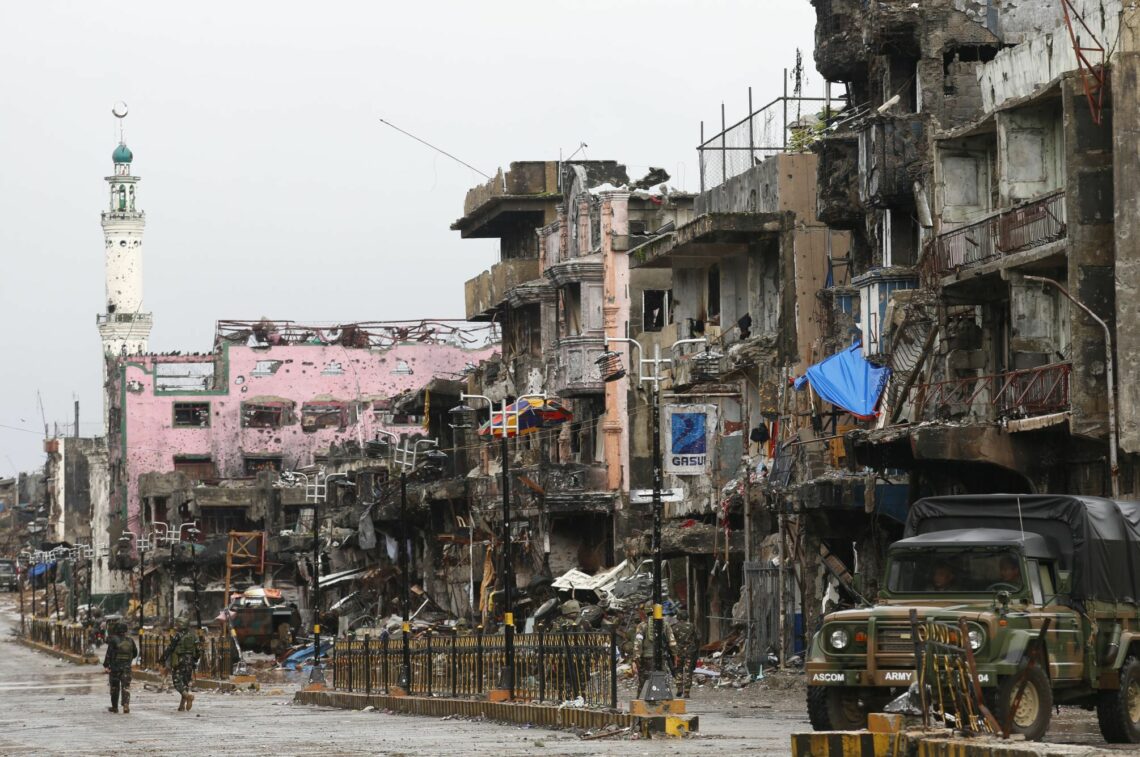 A photo of the destruction of the city of Marawi after a battle with Islamist militants there