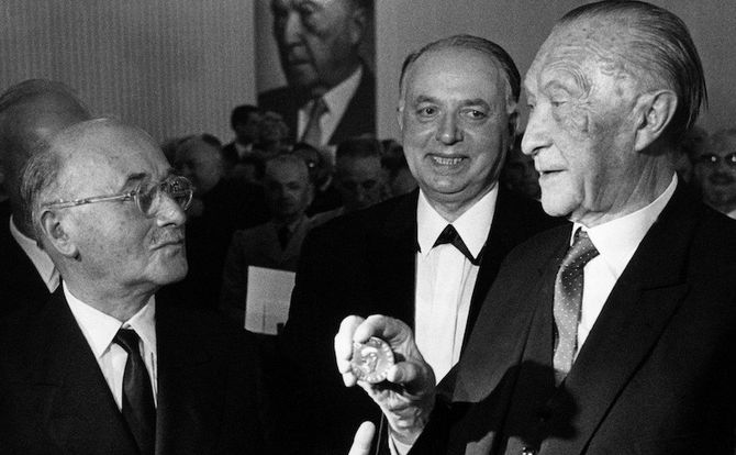 A picture showing Jean Monnet, considered one of the founding fathers of the European Union, former Chancellor of Germany Konrad Adenauer and Joseph Schaff, the chairman of the Robert Schuman Association
