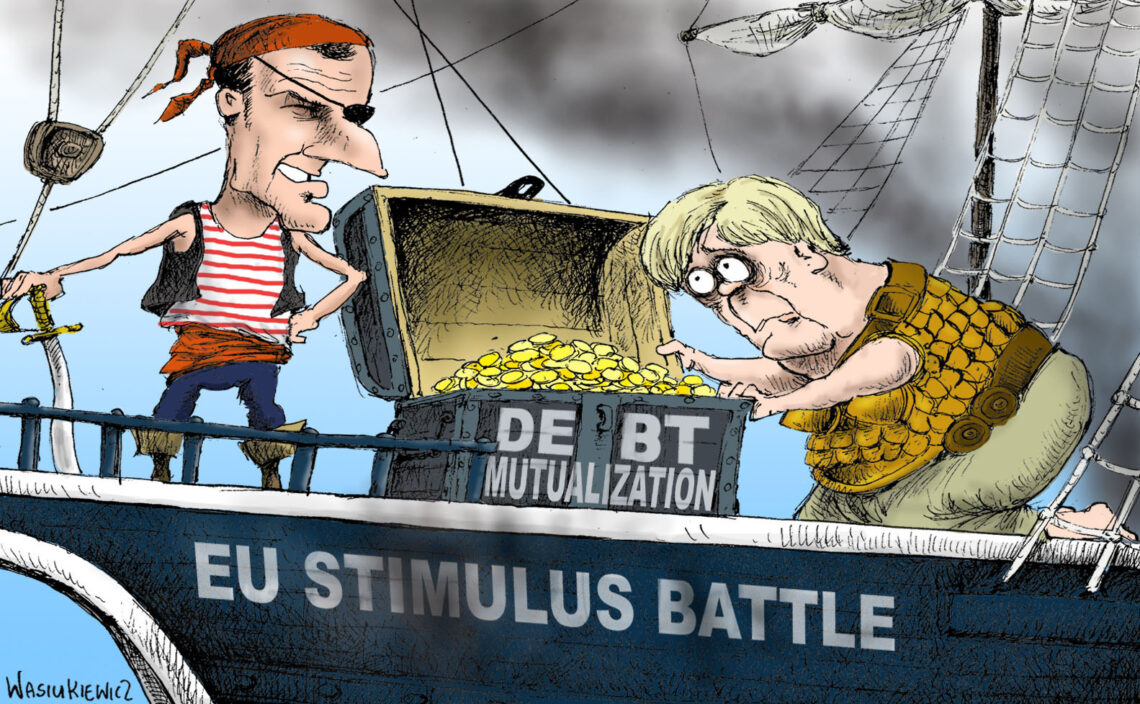 A cartoon showing Emmanuel Macron as a triumphant pirate and Angela Merkel as a defeted rich merchant