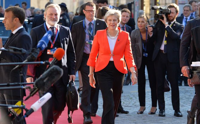 British Prime Minister Theresa May arrives at the EU summit meeting in Salzburg, Austria, September 20, 2018