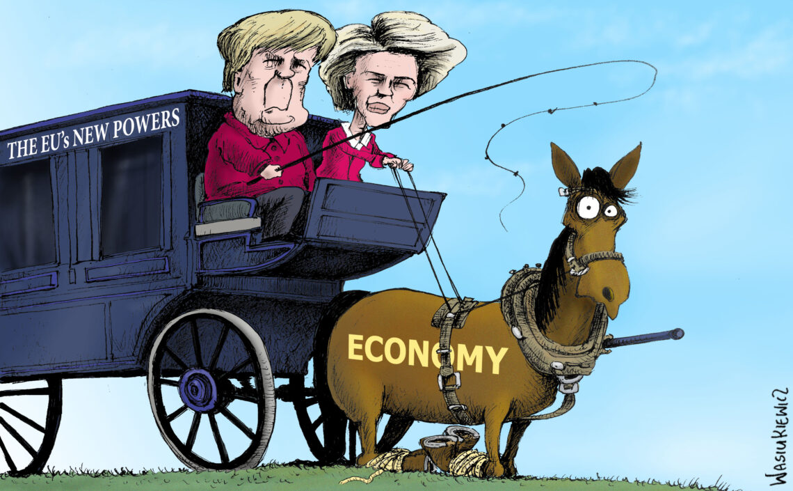A cartoon of Angela Merkel and Ursula von der Leyen