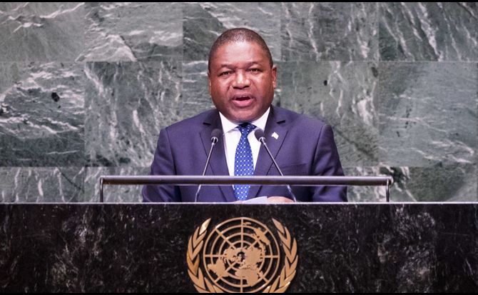 President of Mozambique Filipe Nyusi speaks at the United Nations General Assembly on September 25, 2018