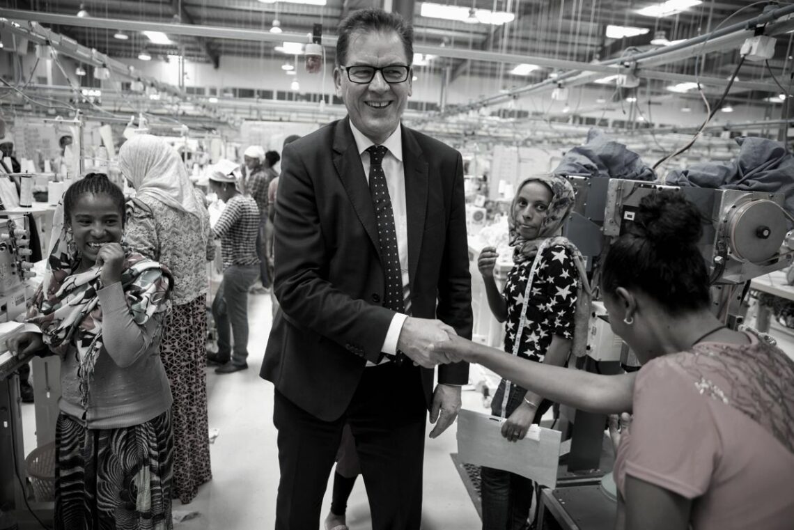 German Development Minister Gerd Mueller visits a clothing factory in Ethiopia