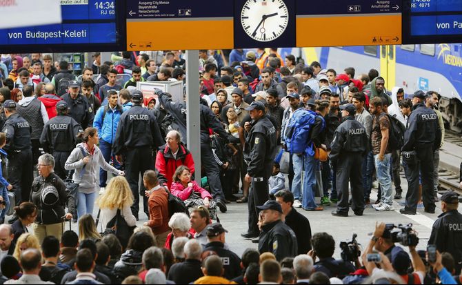 Arriving migrants at Munich’s main train station, September 2015