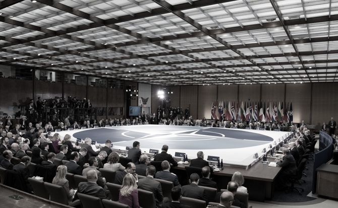 NATO foreign ministers attend a meeting for the alliance’s 70th anniversary in April 2019