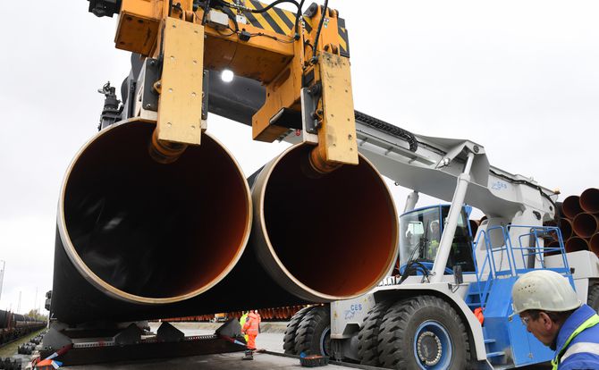 Sections of the Nord Stream 2 pipeline are delivered to a plant in Germany