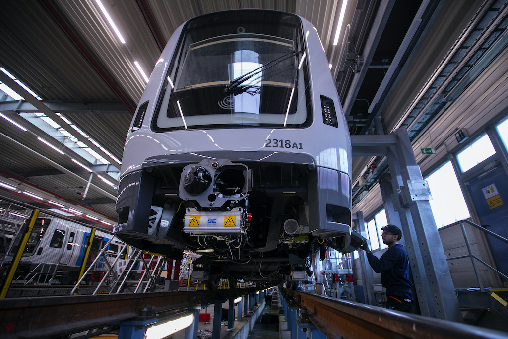 A Movia C30-type subway train on an assembly line in Germany’s Brandenburg State