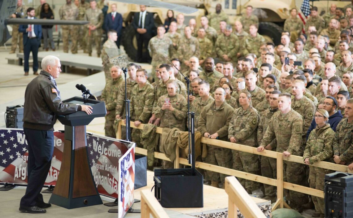U.S. Vice President Mike Pence speaks to troops at Bagram Airfield in Afghanistan