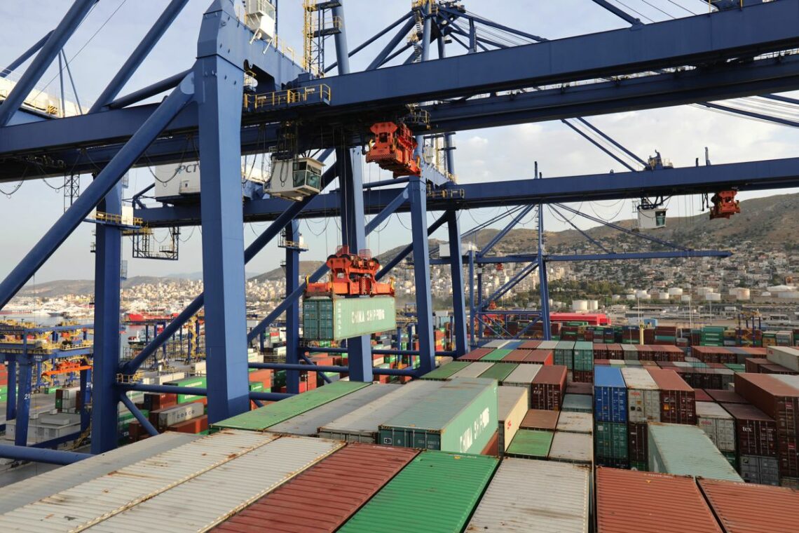 Container ship unloading at Chinese-operated terminal in Piraeus, Greece