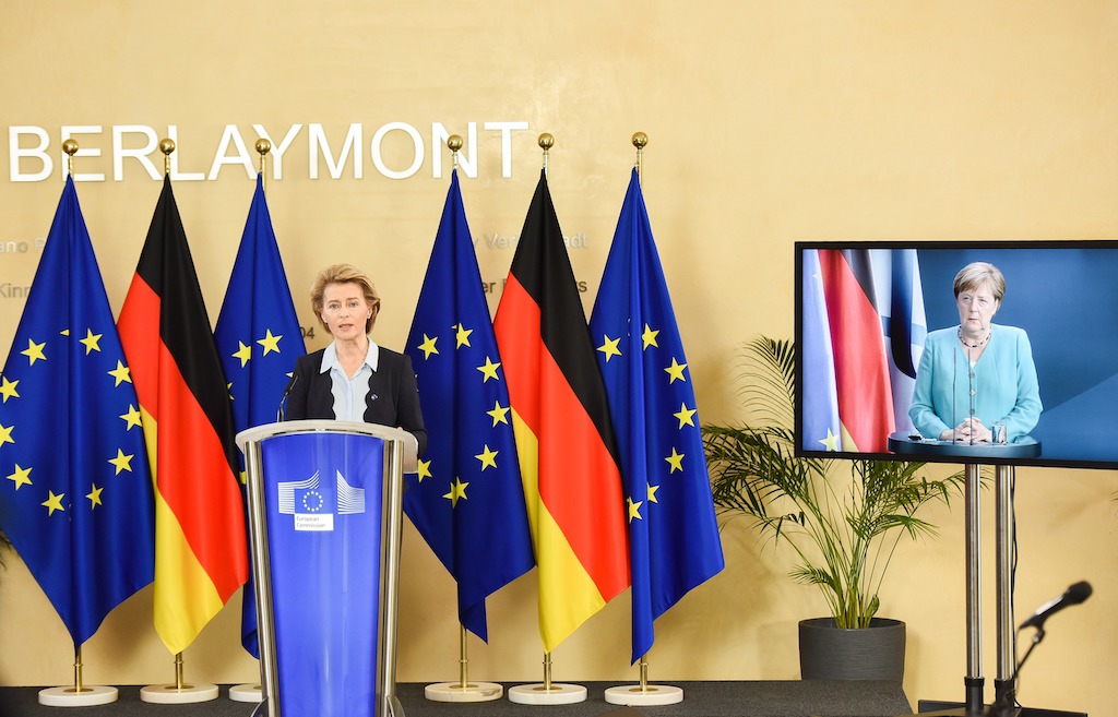 The chancellor of Germany and the European Commission president at a press video conference