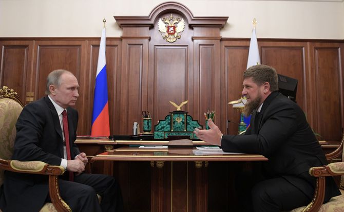 Russian President Vladimir Putin meets with Chechen leader Ramzan Kadyrov in April 2017 at the Kremlin