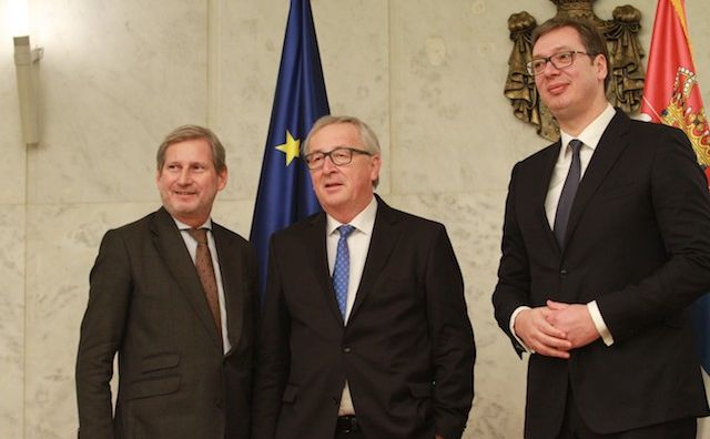 Jean-Claude Juncker with Johannes Hahn and Aleksander Vucic