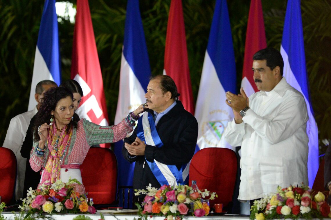 Nicaraguan President Daniel Ortega, Nicaraguan Vice President Rosario Murillo and Venezuelan President Nicolas Maduro