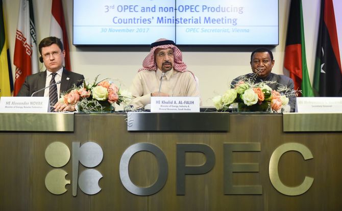 Russian Energy Minister Alexander Novak, Saudi Arabian Minister of Energy, Industry and Mineral Resources Khalid Al-Falih and OPEC Secretary General Mohammed Barkindo