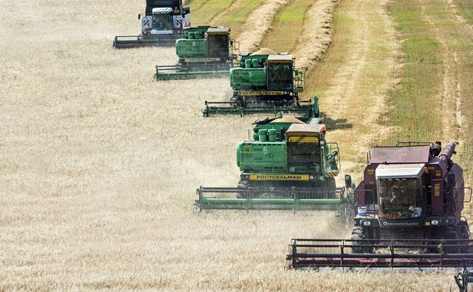 Russian harvesters collect grain on a farm in the Ryazan oblast
