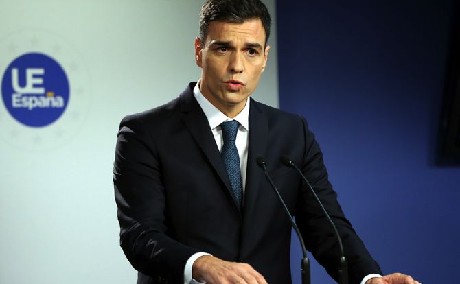 Spanish Prime Minister Pedro Sanchez at a briefing in Brussels